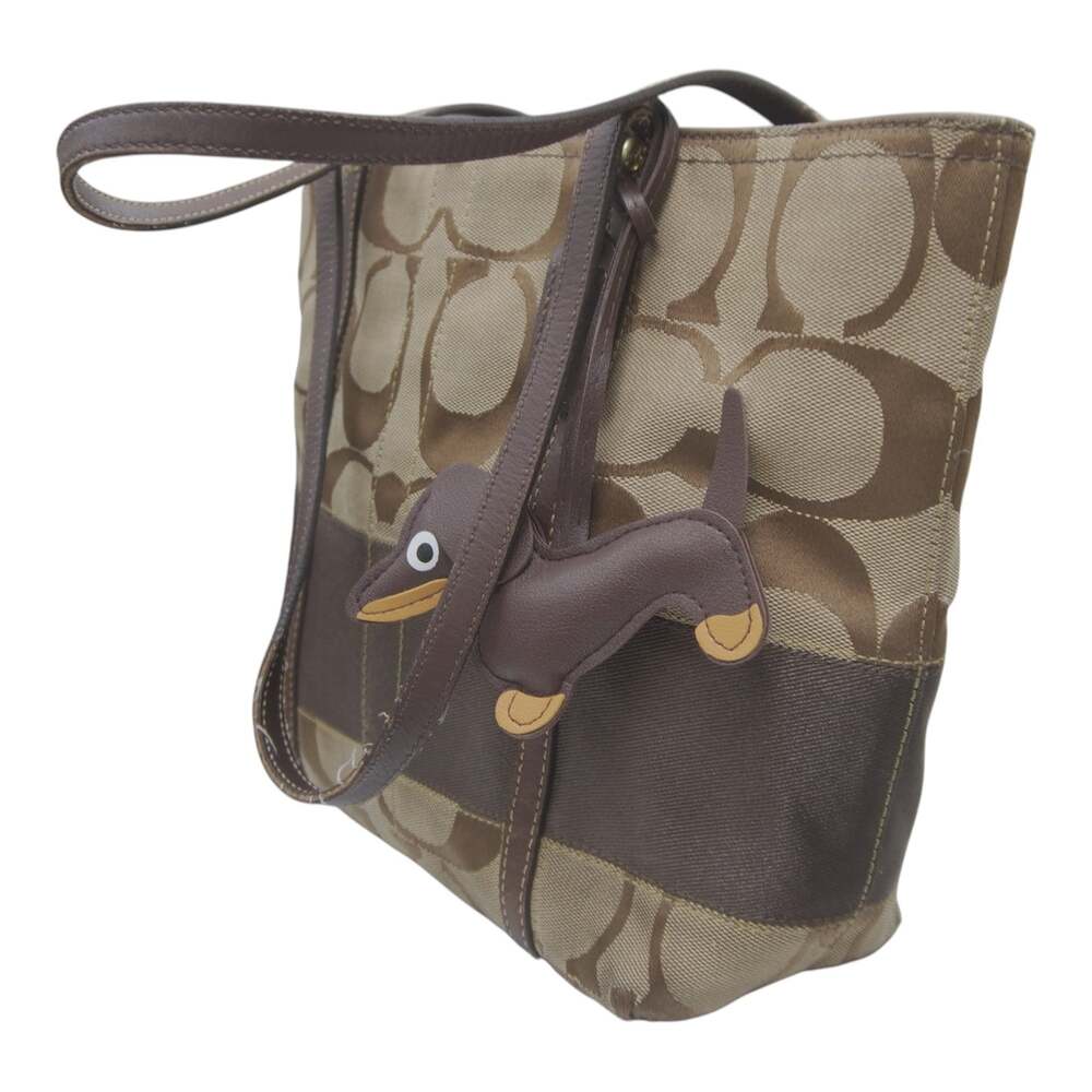 Coach Signature Stripe Tote F11098 Khaki Brown Monogram Shoulder Bag + Charms